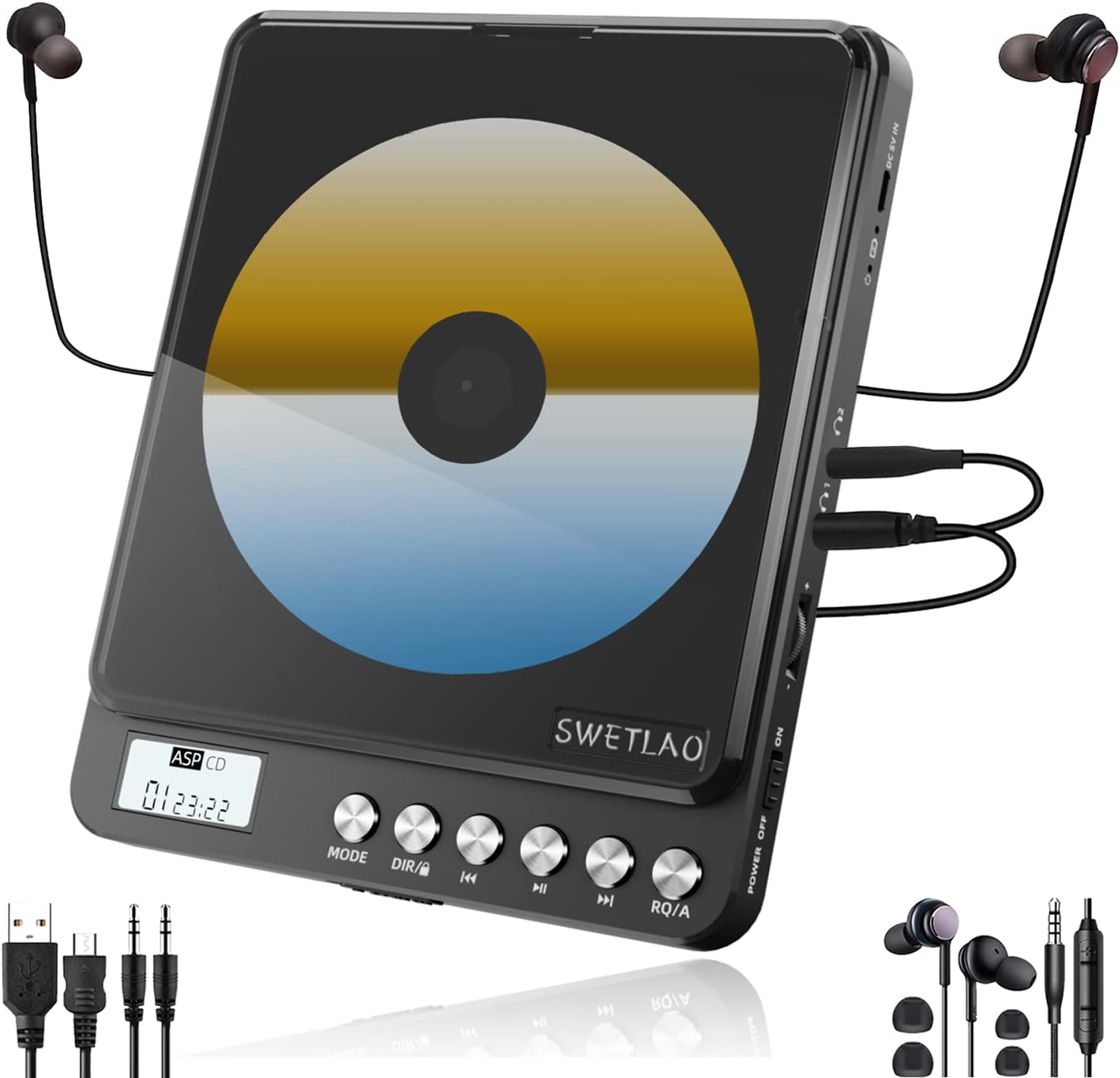 Portable CD Player, Rechargeable CD Player Walkman with Double Headphone Jack