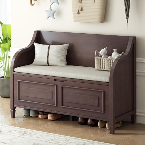 P PURLOVE 42 Inch Rustic Style Storage Bench with Safety Hinge