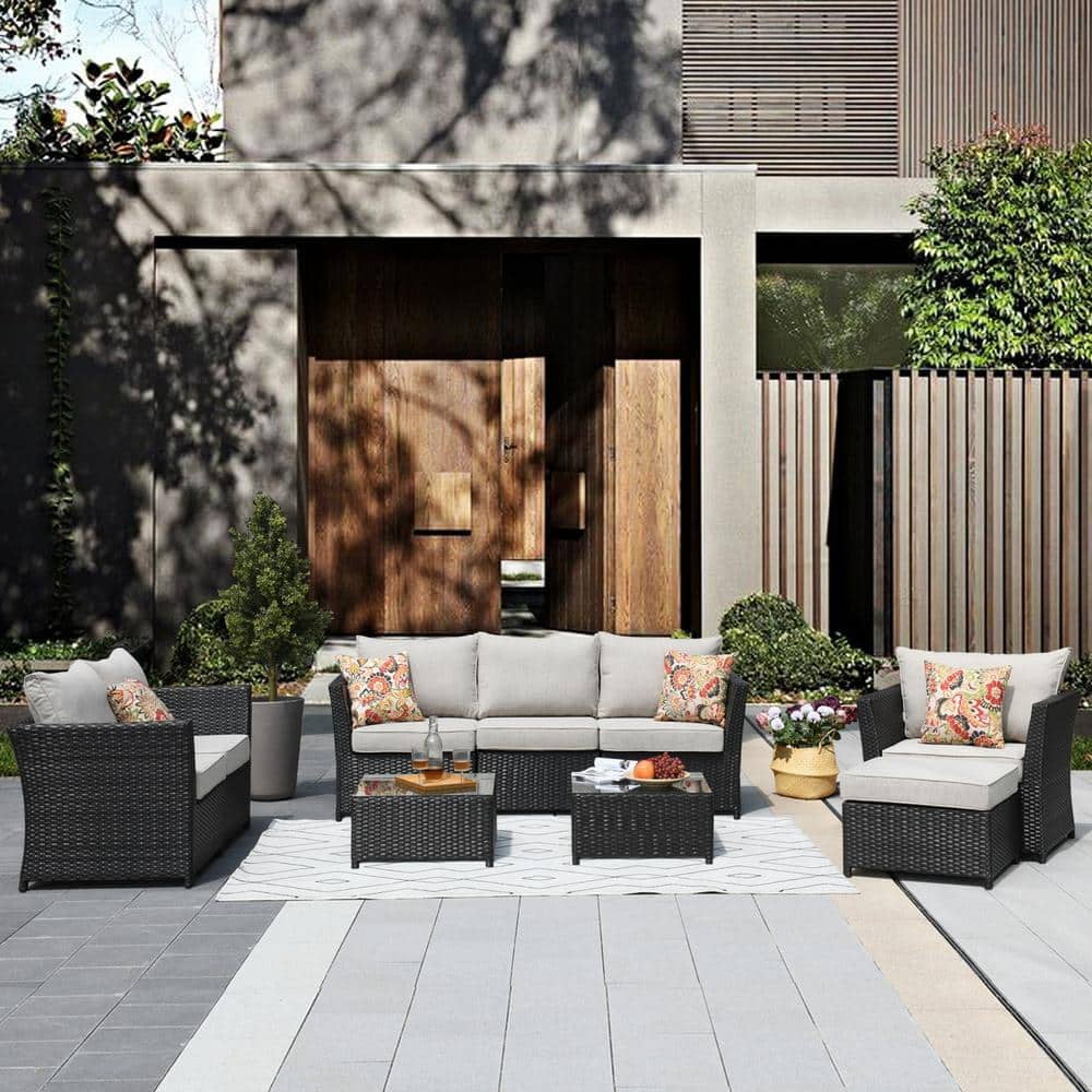 Ovios Patio Furniture Set 9 Pieces, PE Rattan Outdoor Furniture Sofa Set, Wicker Patio Conversation Set with Cushions, Tea Table & Waterproof Cover