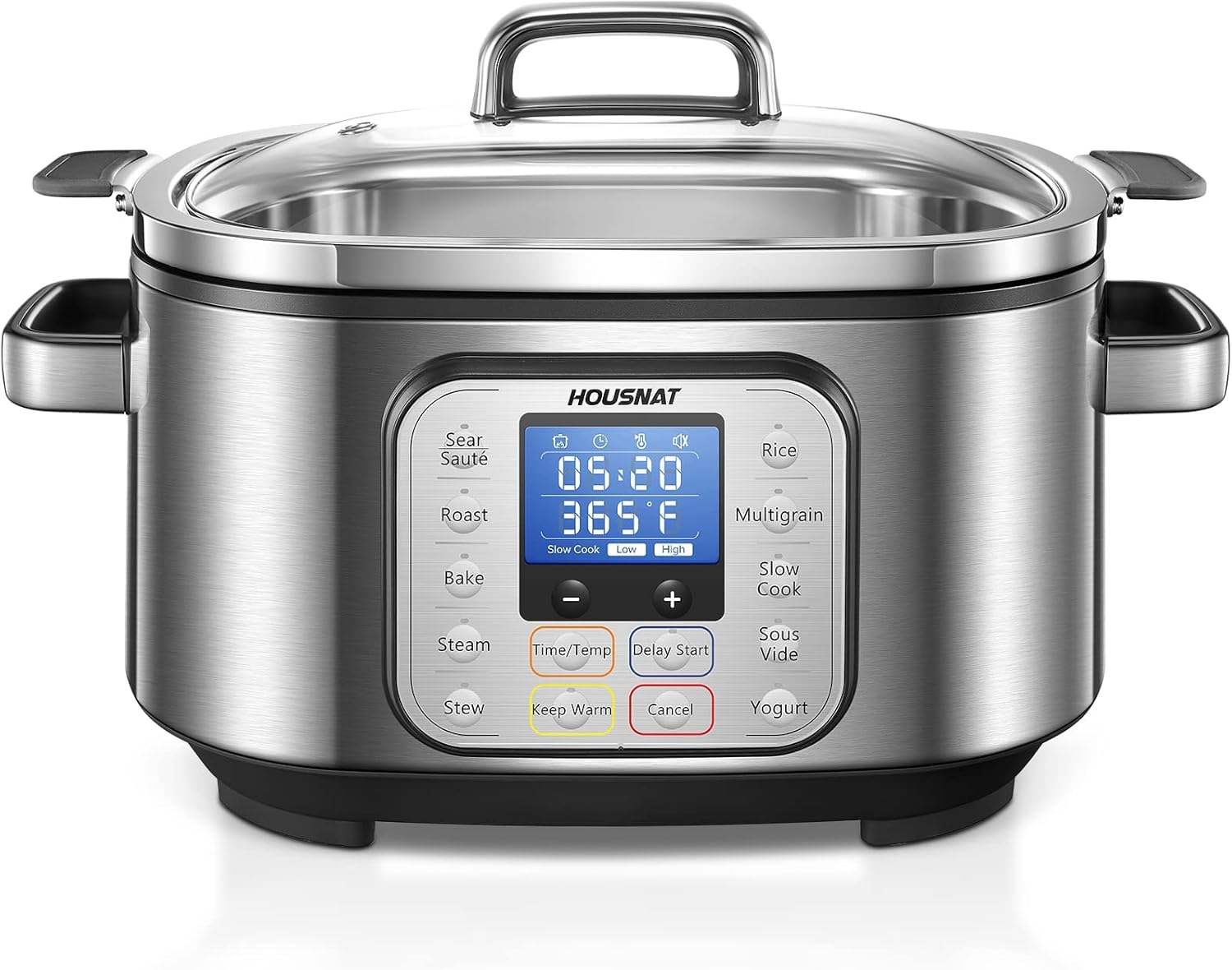 Slow Cooker, HOUSNAT 10 in 1 Programmable Cooker, 6Qt Stainless Steel, Rice Cooker, Yogurt Maker, Delay Start, Steaming Rack and Glass Lid
