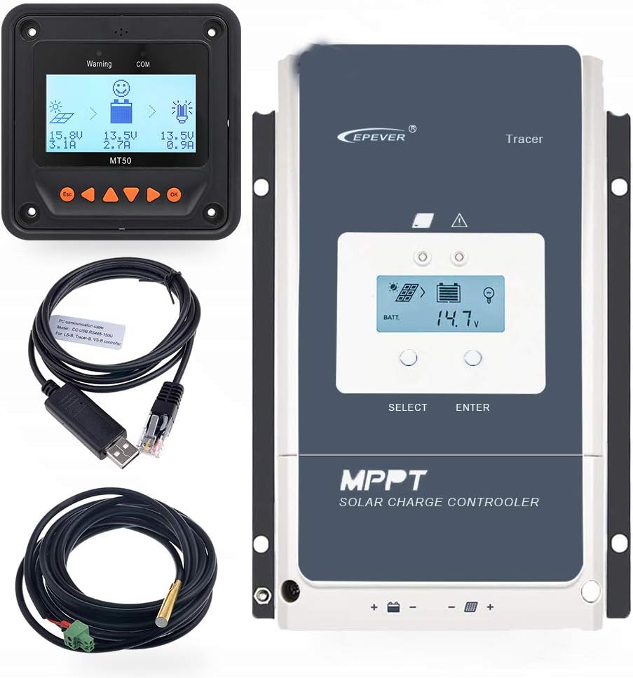 EPEVER 80A MPPT Solar Charge Controller 12/24/36/48VDC Automatically Identifying System Voltage with MT50 Remote Meter & Temperature Sensor RTS &