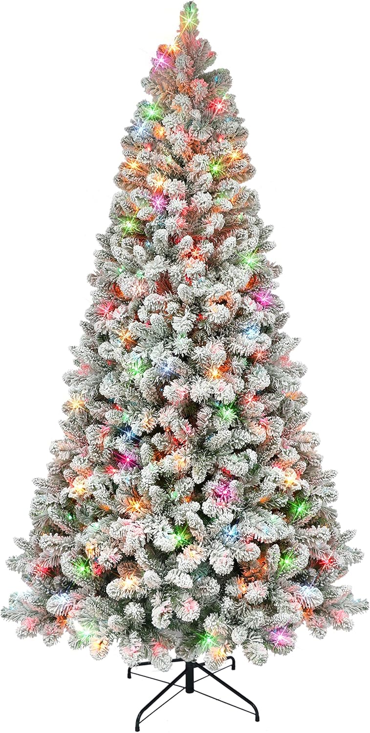 Puleo International 6.5 ft Pre-lit Flocked Virginia Pine Tree 787 Tips 300 UL Multi-Color Lights