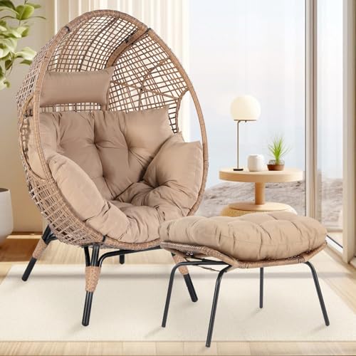 NICESOUL Stationary Egg Chair Indoor Outdoor Wicker Oversized Thick Cushions Egg Shaped Loveseat Chair
