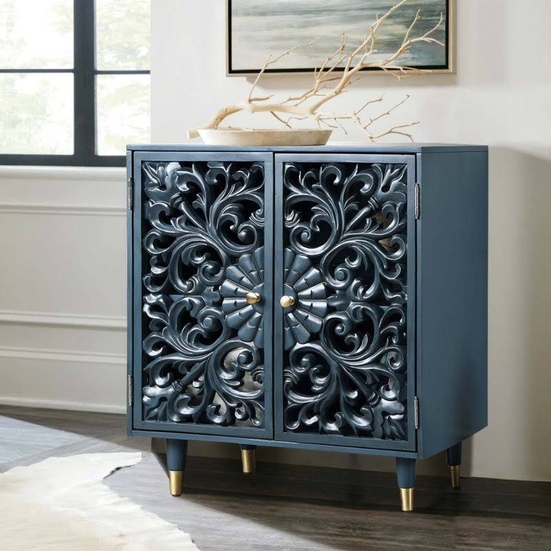 Solid Wood Green Hollow 2-Door Accent Cabinet for Living/ Dining Room - W17.5x22x L30x22x H35.5x22