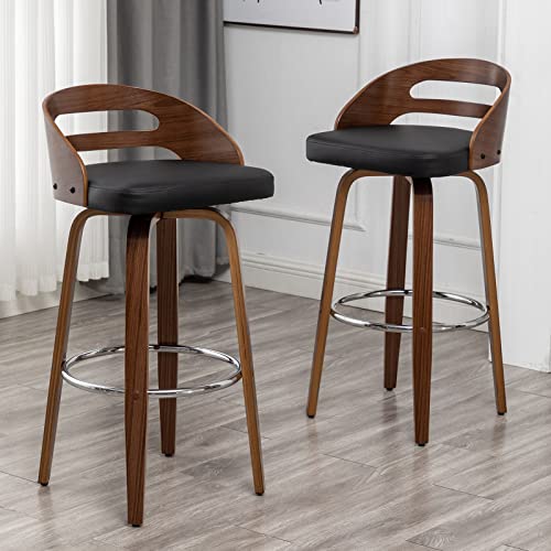 Bar Stools Set of 2, Swivel Bar Height Stools with Low Back, Wood Bar Chairs with Soft Cushion Seat, 24.6-Inch Seat Height (Black-1