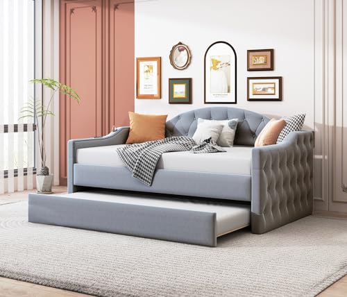 Twin Size Daybed with Trundle, Velvet Tufted Day Bed Frame with 2 USB Charging Ports, No Box Spring Needed