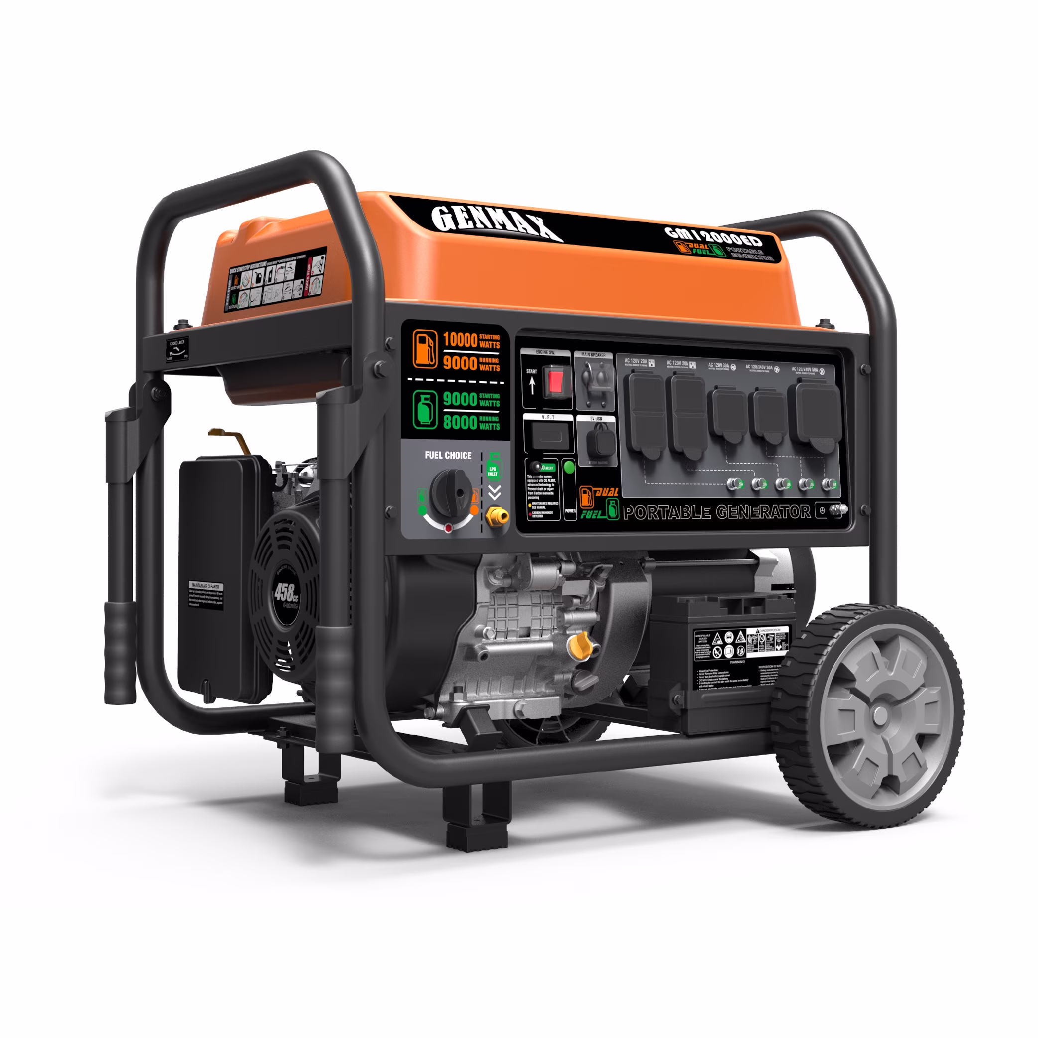 GENMAX Dual Fuel Portable Generator 12000 Watt Gas or Propane Powered Electric Start-CO Alert, Home Back Up, EPA Compliant