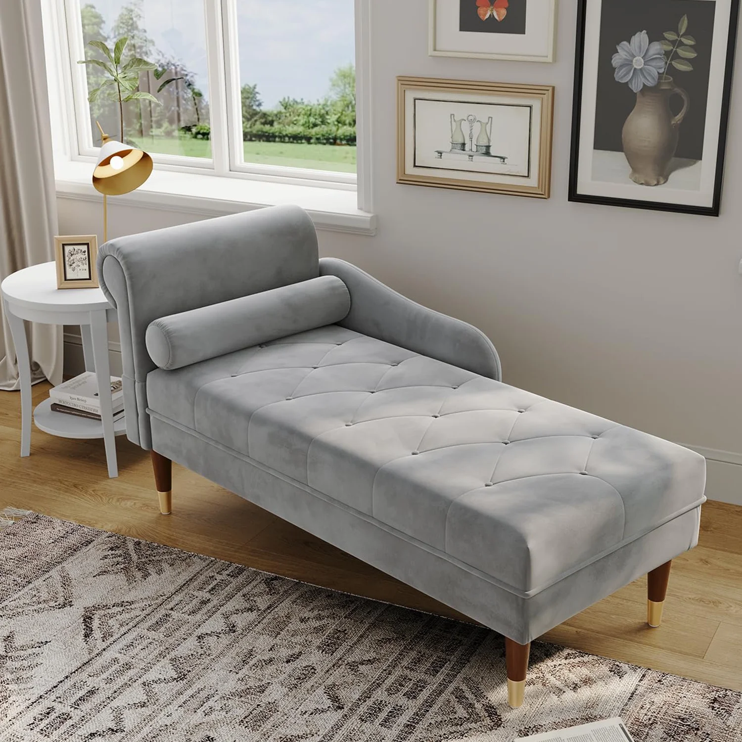 Velvet Chaise Lounge,59" Neche Modern Upholstered Lounge Chair Indoor with Round Armrest Lumbar Pillow, Single Sofa for Living Room Bedroom Office