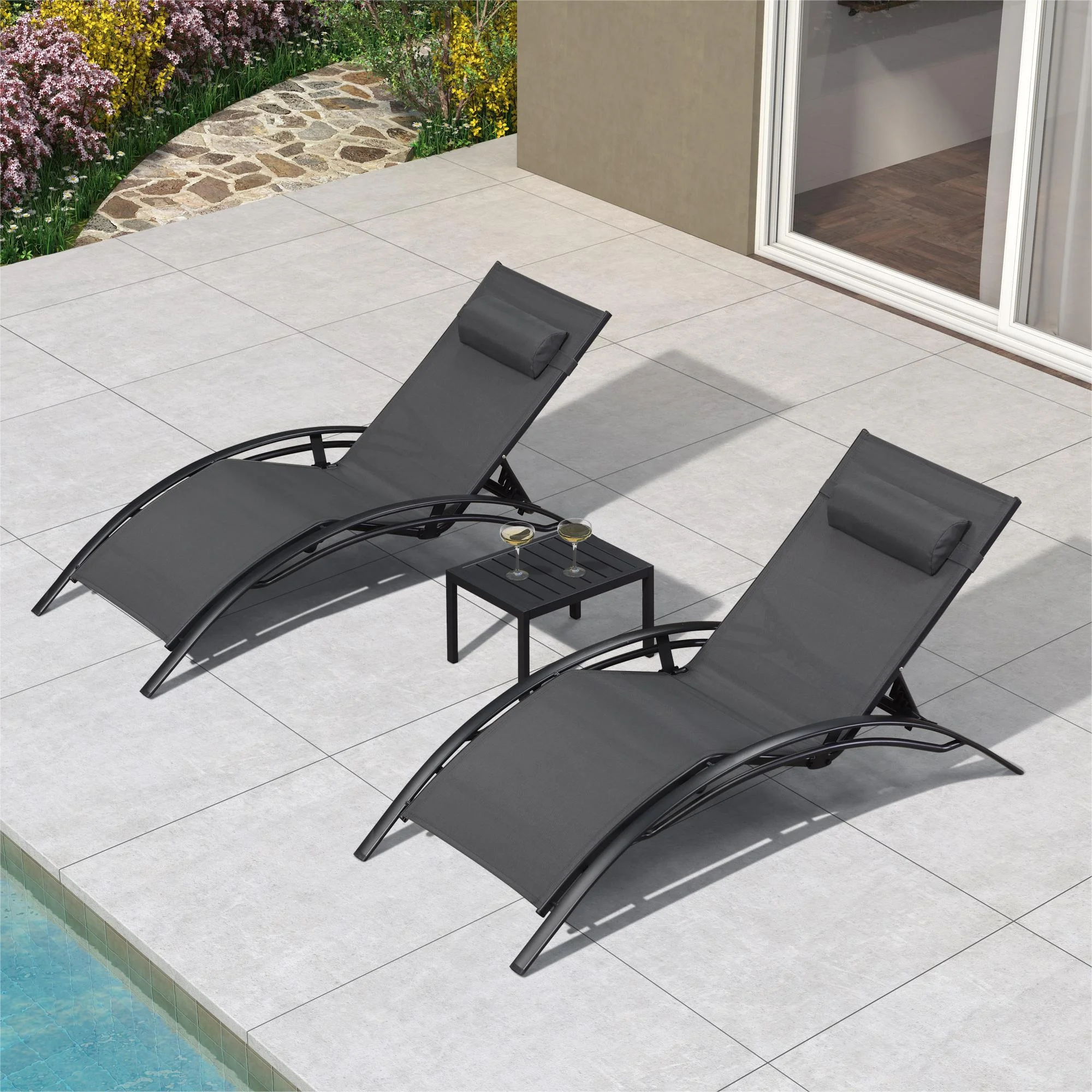 PURPLE LEAF 3 PCS Patio Oversized Chaise Lounge Chair Set with Side Table Poolside Adjustable Recliner Chairs for Outside Beach Outdoor Pool