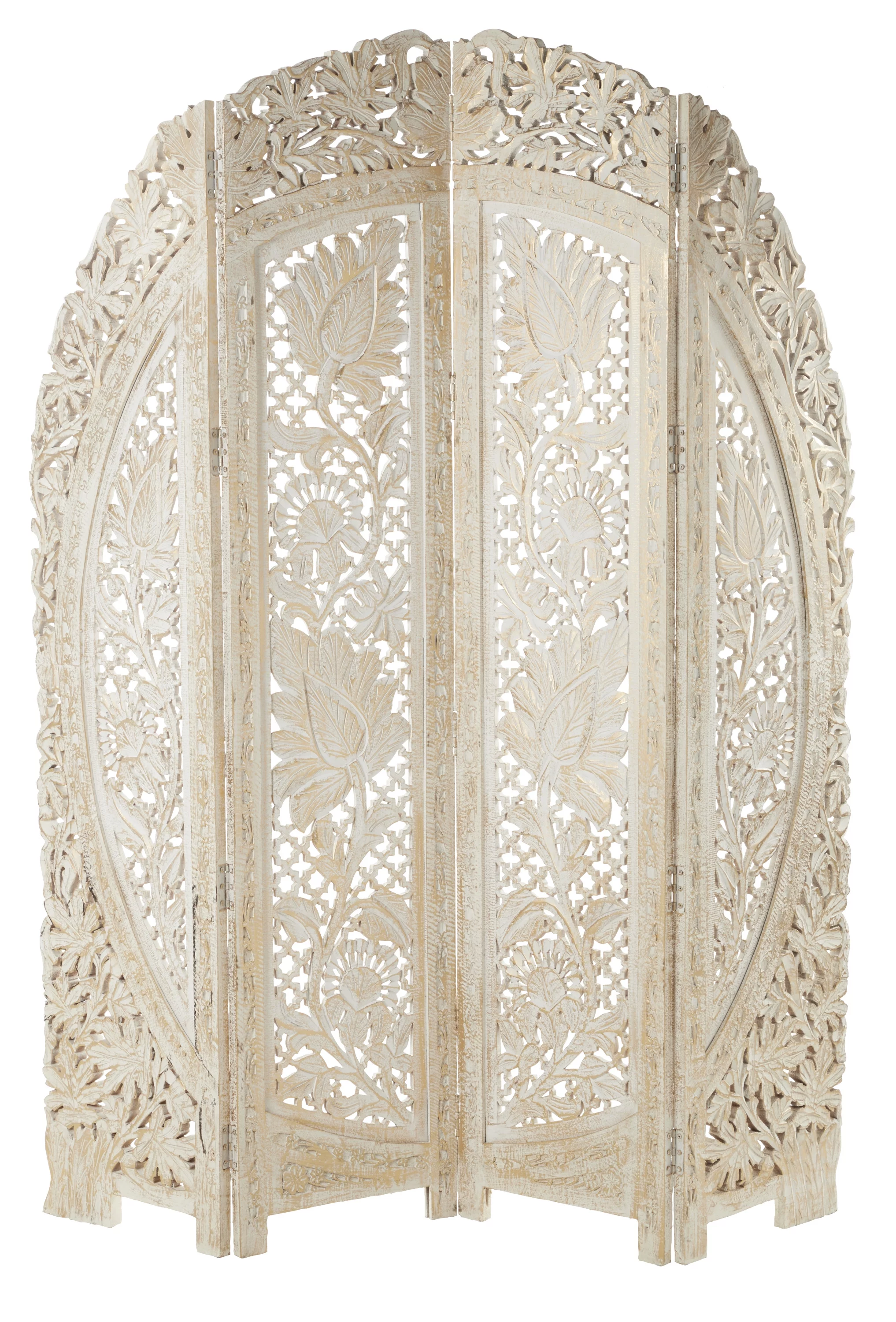 DecMode 60" x 72" White Wood Floral Handmade Foldable Arched Partition 4 Panel Room Divider Screen with Intricately Carved Designs, 1-Piece