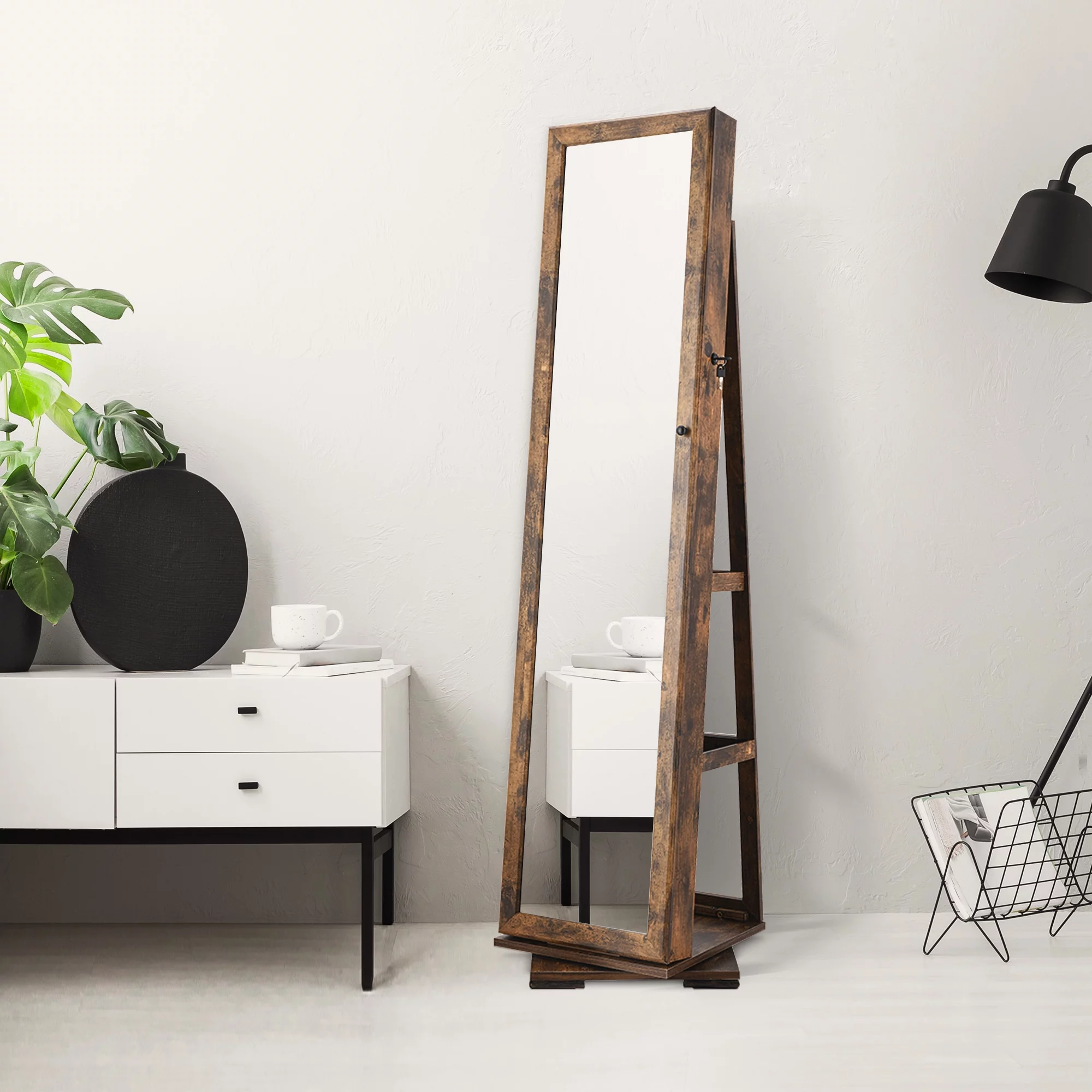 Woven Paths 360 Spinning Lockable Jewelry Armoire with Free-Standing Mirror, Brown - Radiant Selections