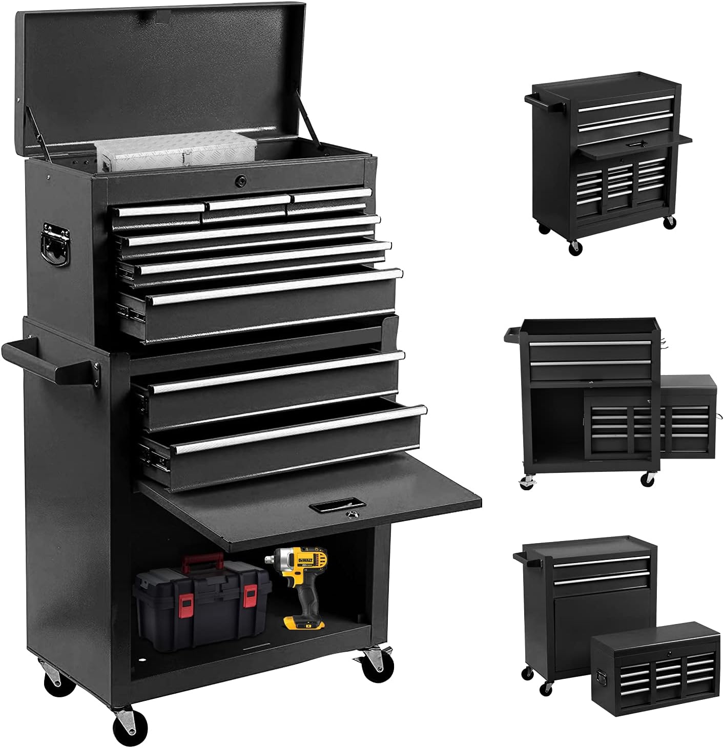 8-Drawer Rolling Tool Chest 2 in 1 High Capacity Tool Box Detachable Organizer Tool Storage Cabinet with 4 Wheels & Lockable Lined Drawers for Garage