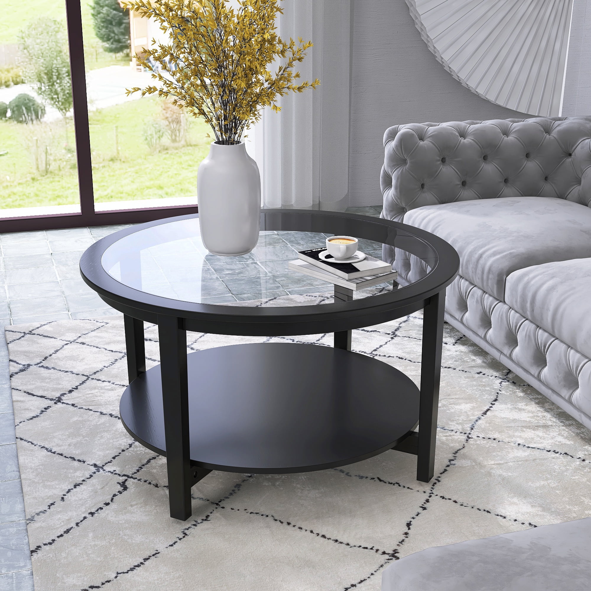 Round Tempered Glass Coffee Table,Living Room Solid Wood Coffee Table