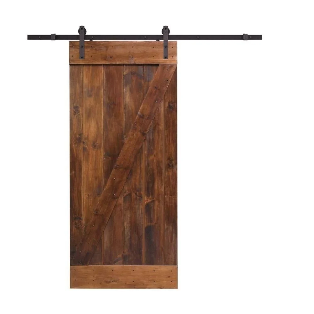 CALHOME 36 in. x 84 in. Z-Bar Coffee Brown Wood Sliding Barn Door with Sliding Door Hardware Kit