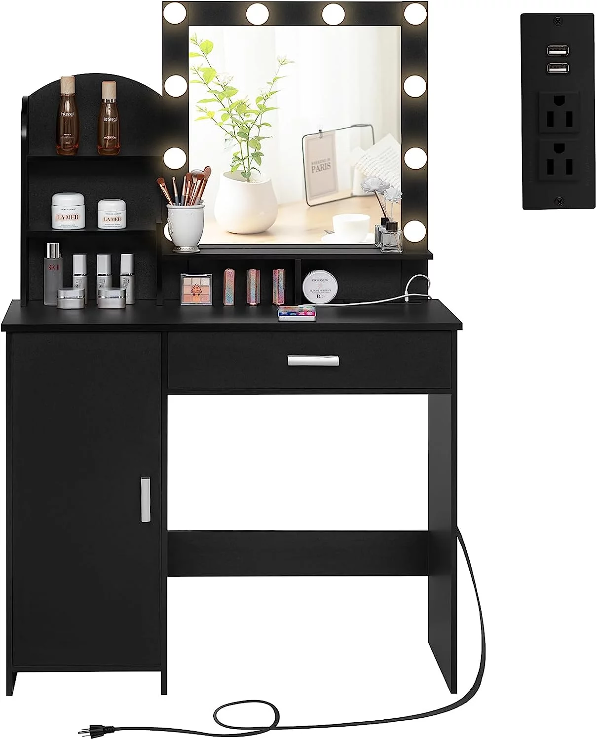 Quimoo Vanity Desk with Mirror and Lights, Makeup Vanity with Power Outlet & Drawer, 3 Lighting Modes Adjustable Brightness