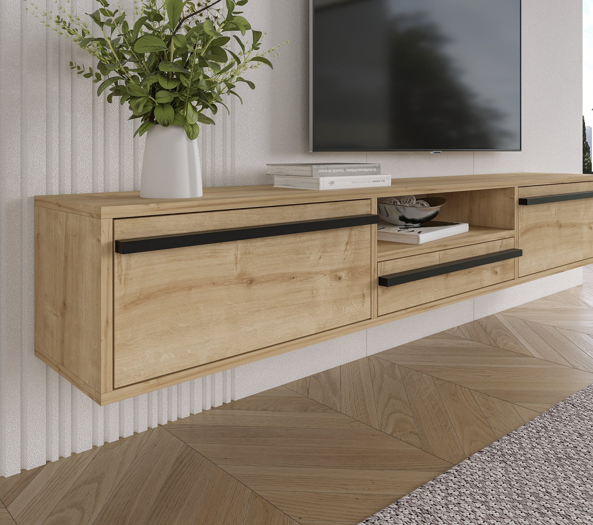 Hawana 71" Modern and Minimalist Wall Mounted Floating Entertainment Media Console Oak &Wood Black