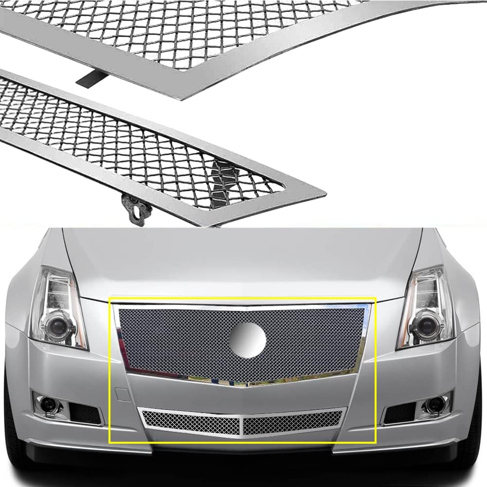Compatible with 2008-2013 Cadillac CTS Stainless Steel Mesh Grille Grill Insert Combo (Not For CTS-V or model with Adaptive Cruise Control) (chrome