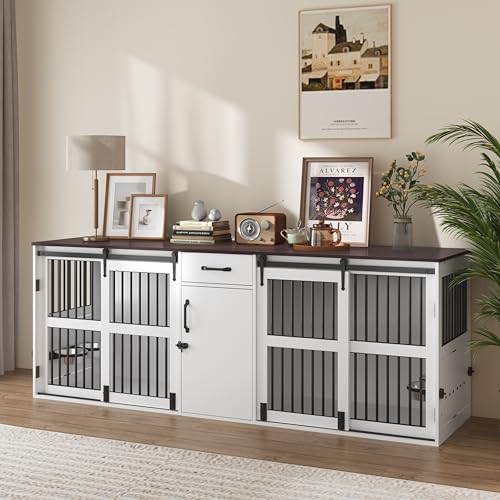 Piskyet 84.5" Double Medium Dog Crate Furniture,Heavy Duty Farmhouse Style Tv Stand Dog Kennel with Drawer and Cabinet