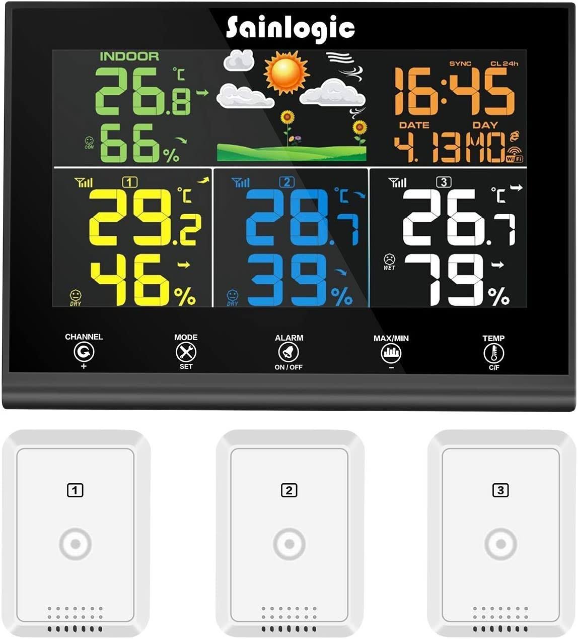 Sainlogic Wireless Weather Station with 3 Outdoor Sensors, Weather Forecast, Colour Display, Wireless Thermometer Hy-Grometer wi