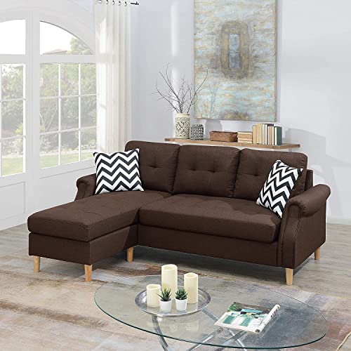 Reversible Sectional Sofa Couch with Chaise, 3-Seater Linen L-Shape Couch with 2 Pillows and Rolled Armrest