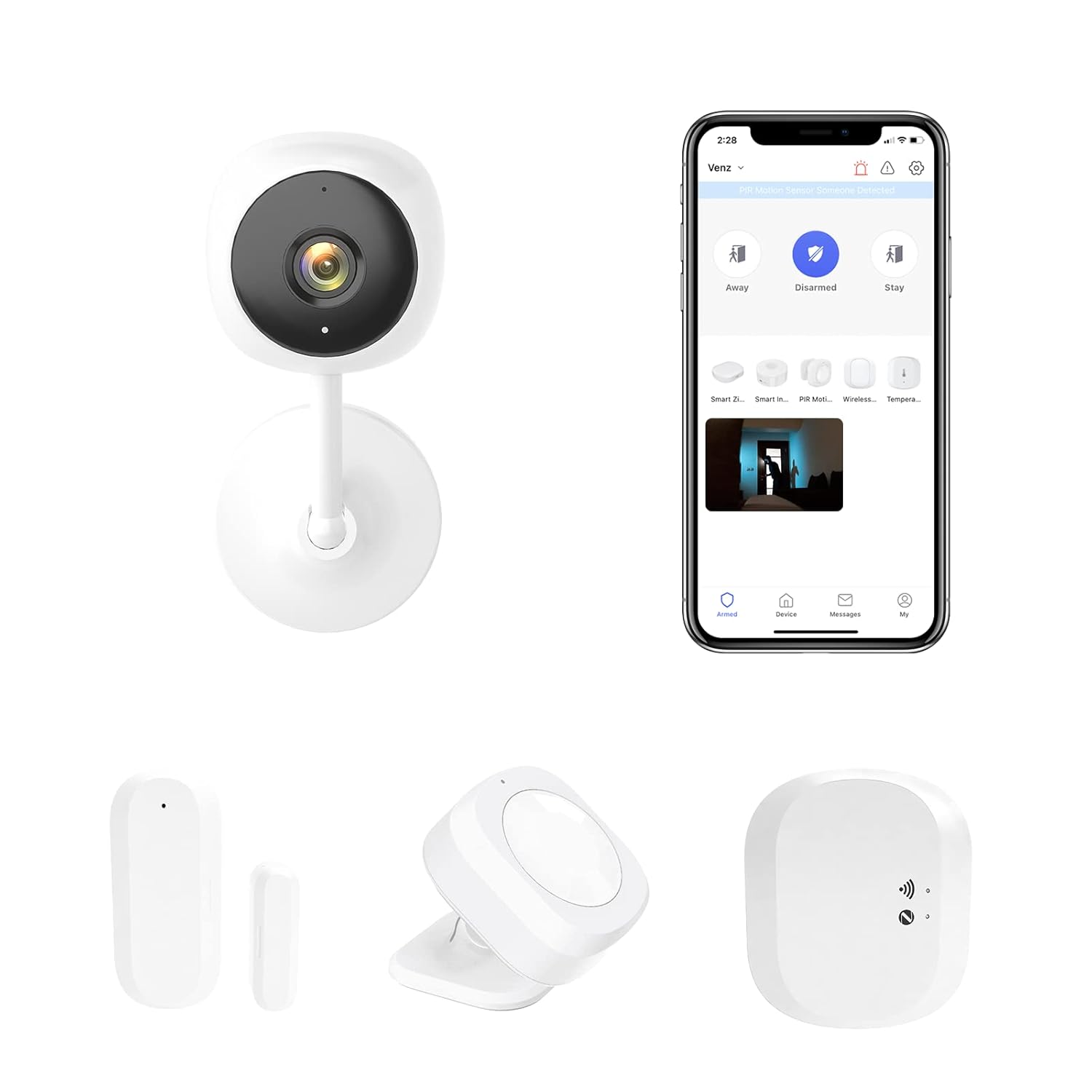VENZ DIY Wireless Home Security System,4 Pieces-Kit(Door Window Sensor,WiFi Indoor Camera,Smart Hub