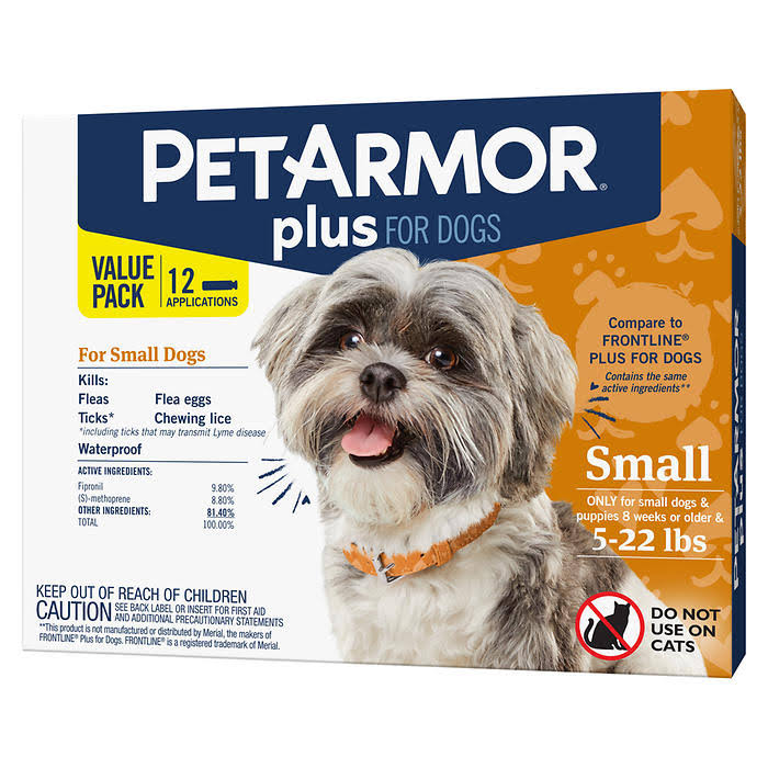 PetArmor Plus for Dogs Flea, Tick u0026 Lice Formula 5-22 lbs, 12 Applications