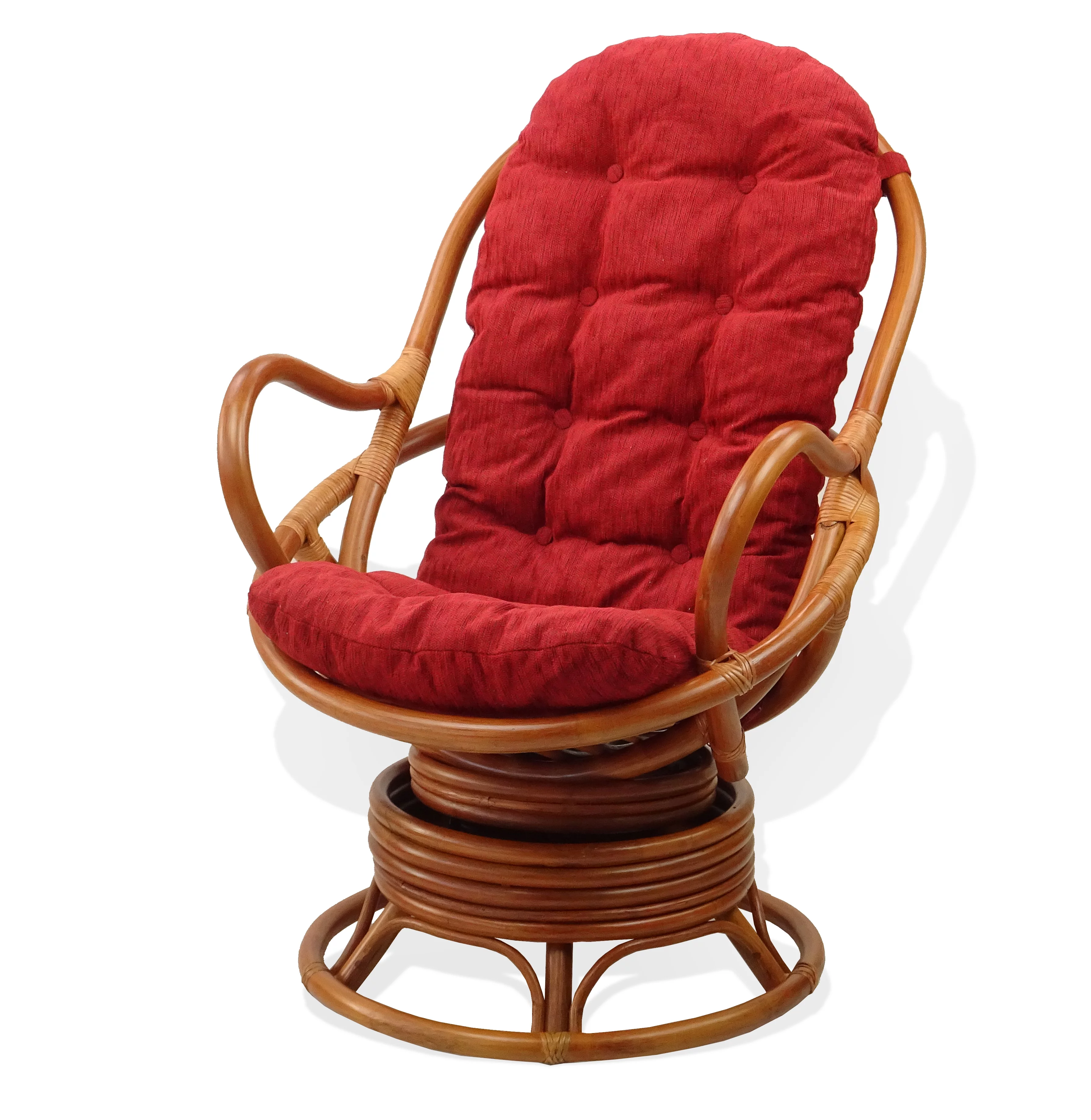 SK New Interiors Java Swivel Rocking Lounge Chair Natural Rattan Wicker with Burgundy Cushion, Colonial