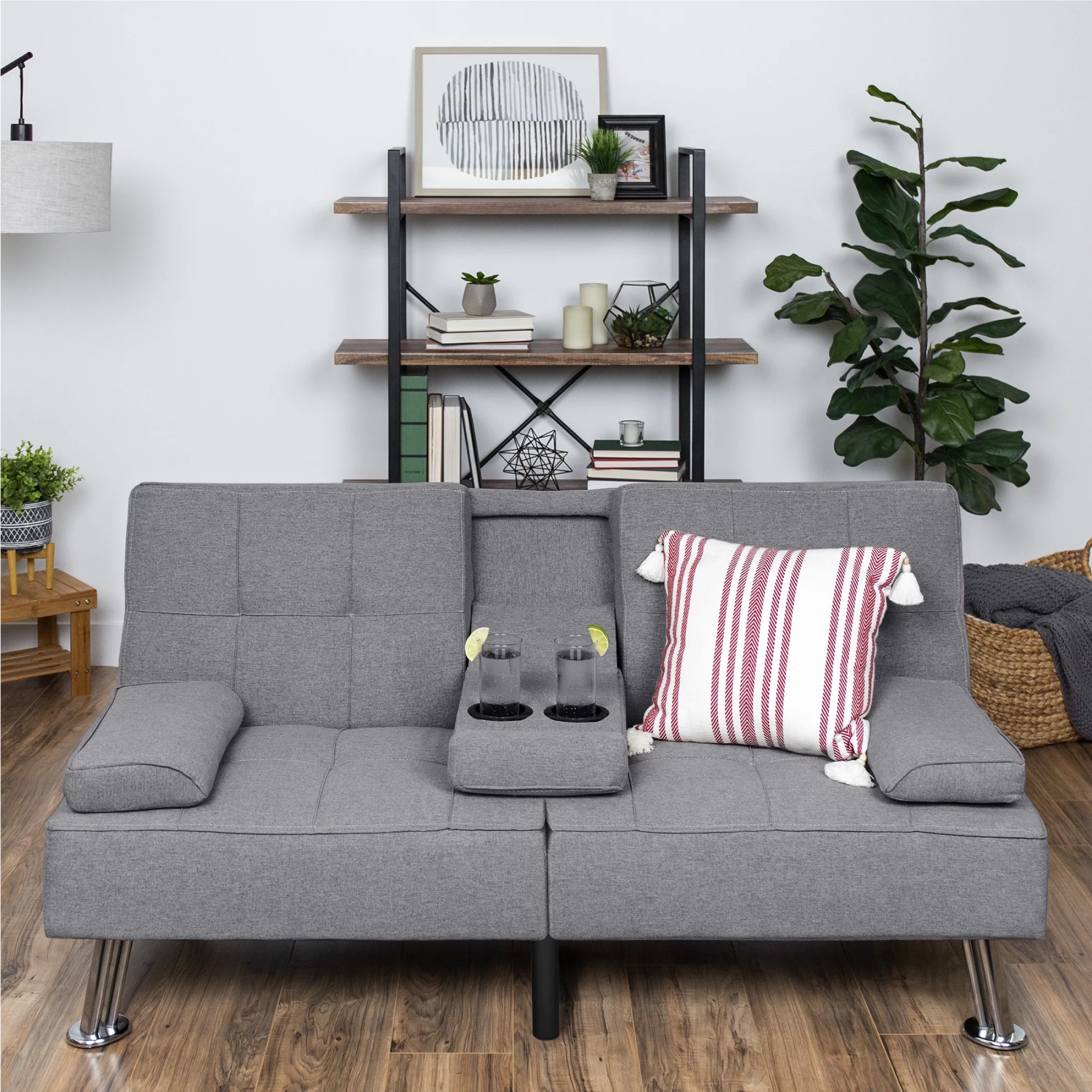Best Choice Products Modern Linen Convertible Futon Sofa Bed w/ Removable Armrests, Metal Legs, Cupholders - Gray