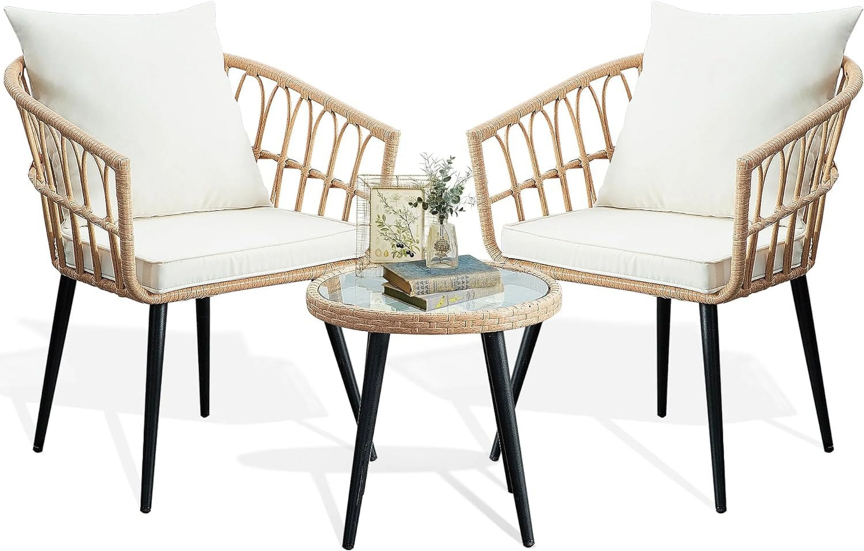 3 Piece Patio Bistro Set, Outdoor Wicker Apartment Balcony Furniture Sets, Rattan Table and Chairs Set of 2 for Porch Backyard Lawn Poolside Deck