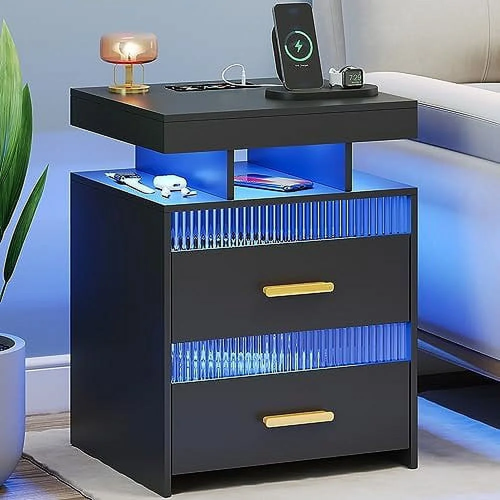 Nightstands Set of 2 with Charging Station  Smart Beside Table with 2 Drawers &amp; Touch Control LED Lights