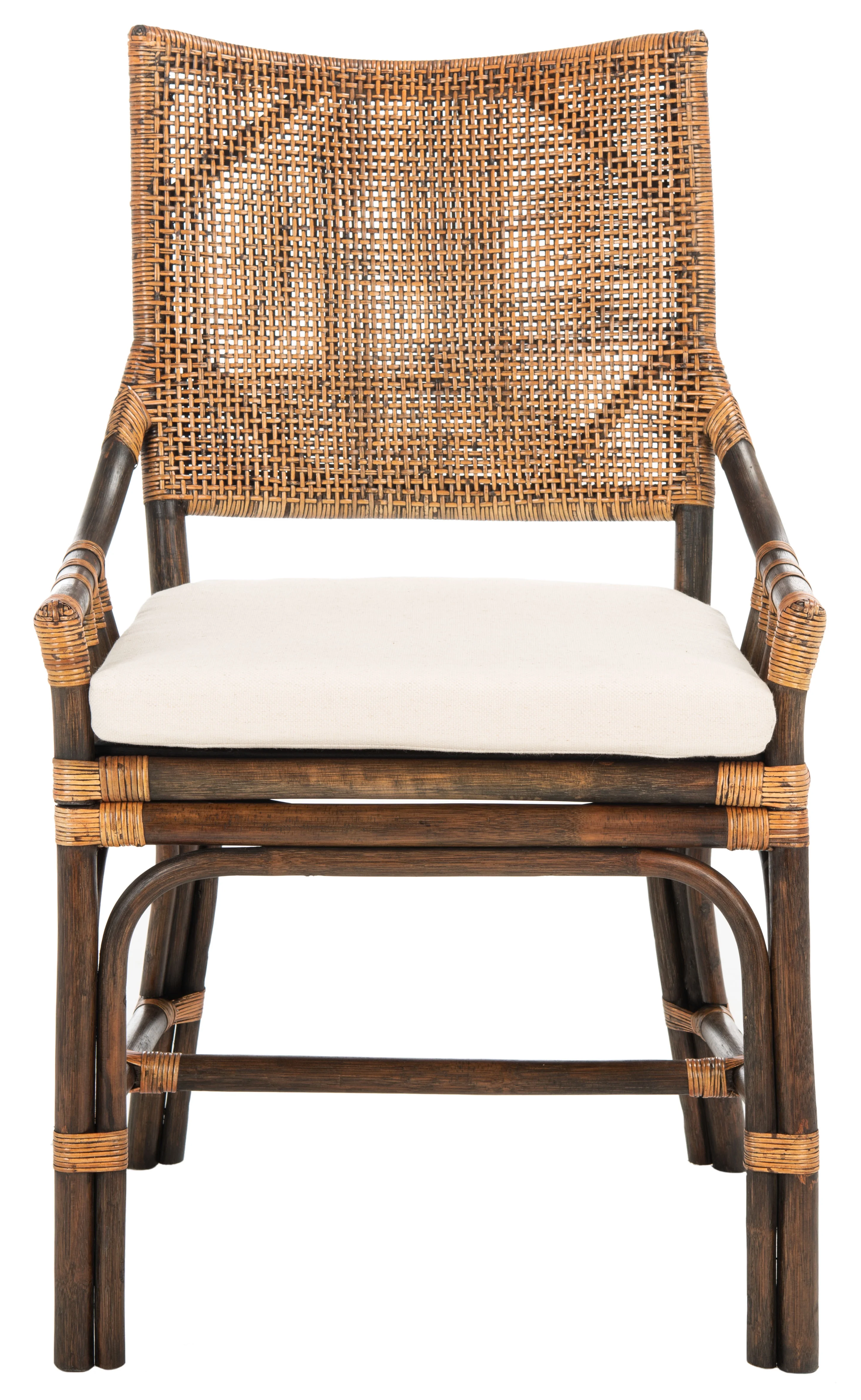 SAFAVIEH Donatella Rattan Chairs, Natural Wash/Black Legs/White Cushion (22 in. W x 24 in. D x 37 in. H)