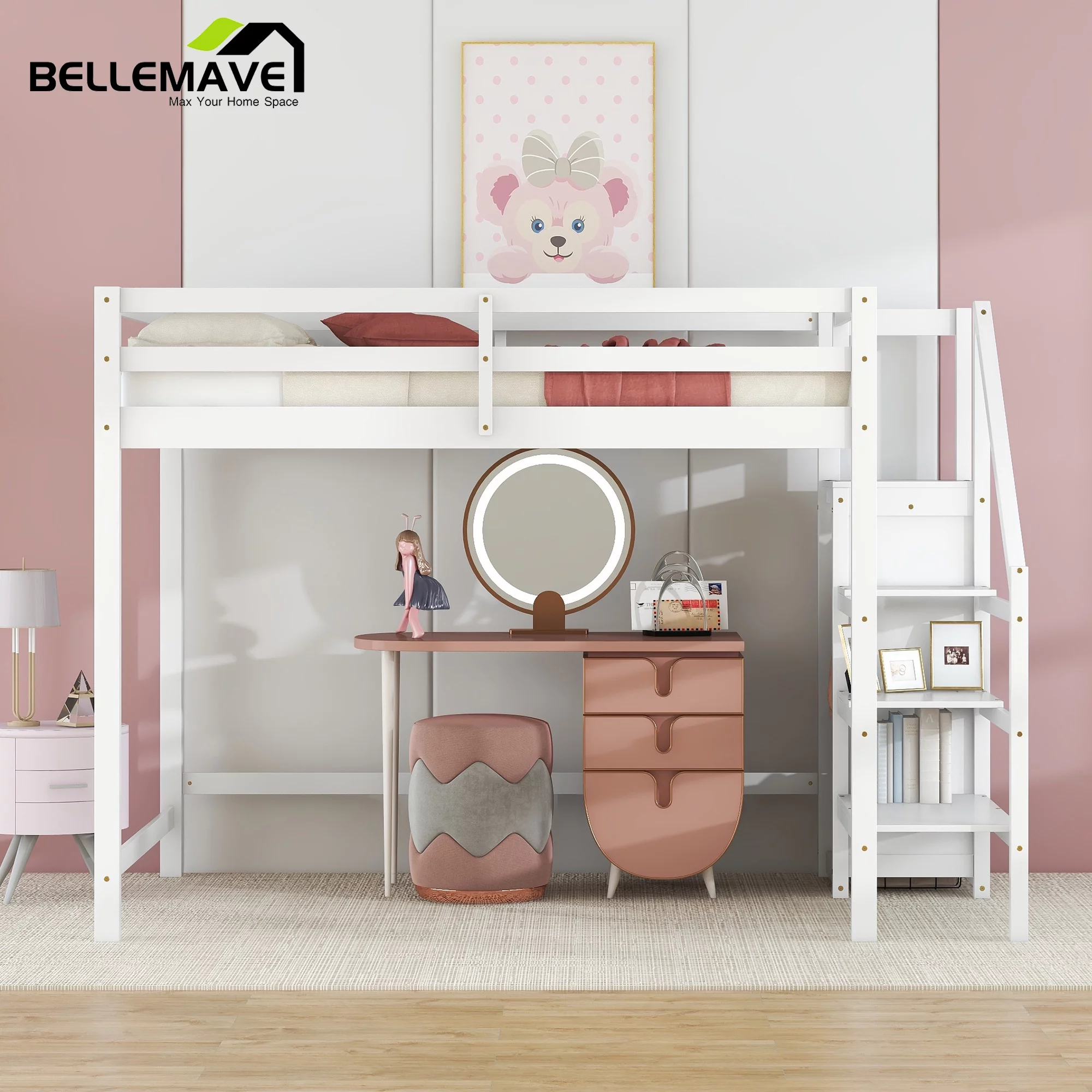 Bellemave Full Size Loft Bed with Storage Staircase Wooden Full Loft Bed Frame with Built-in Storage Wardrobe and Guardrails for Kids, Teens