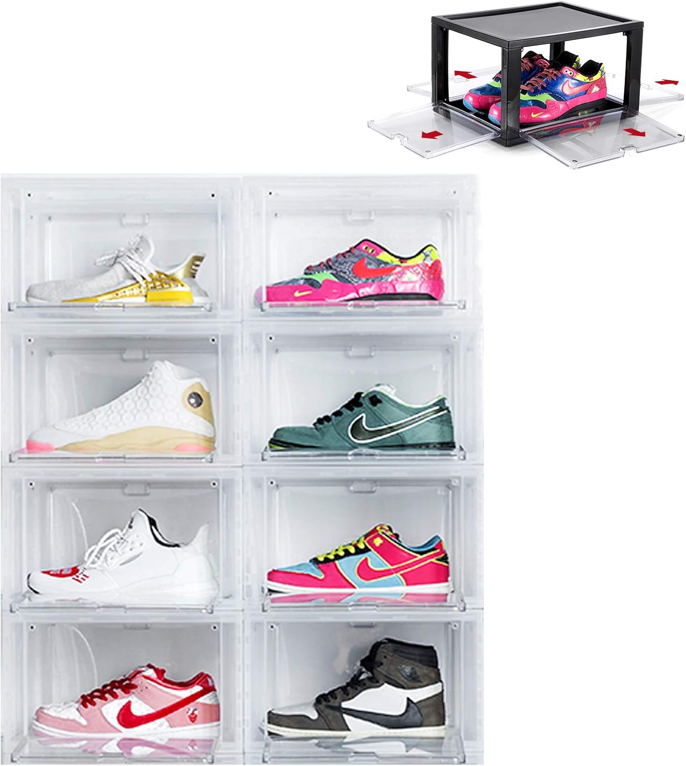Shoe Box Organizer Stackable Plastic Shoe Storage Box Side &Front Drop Open Door Sneaker Cases Heavy Duty Shoe Container Organizer for Closets
