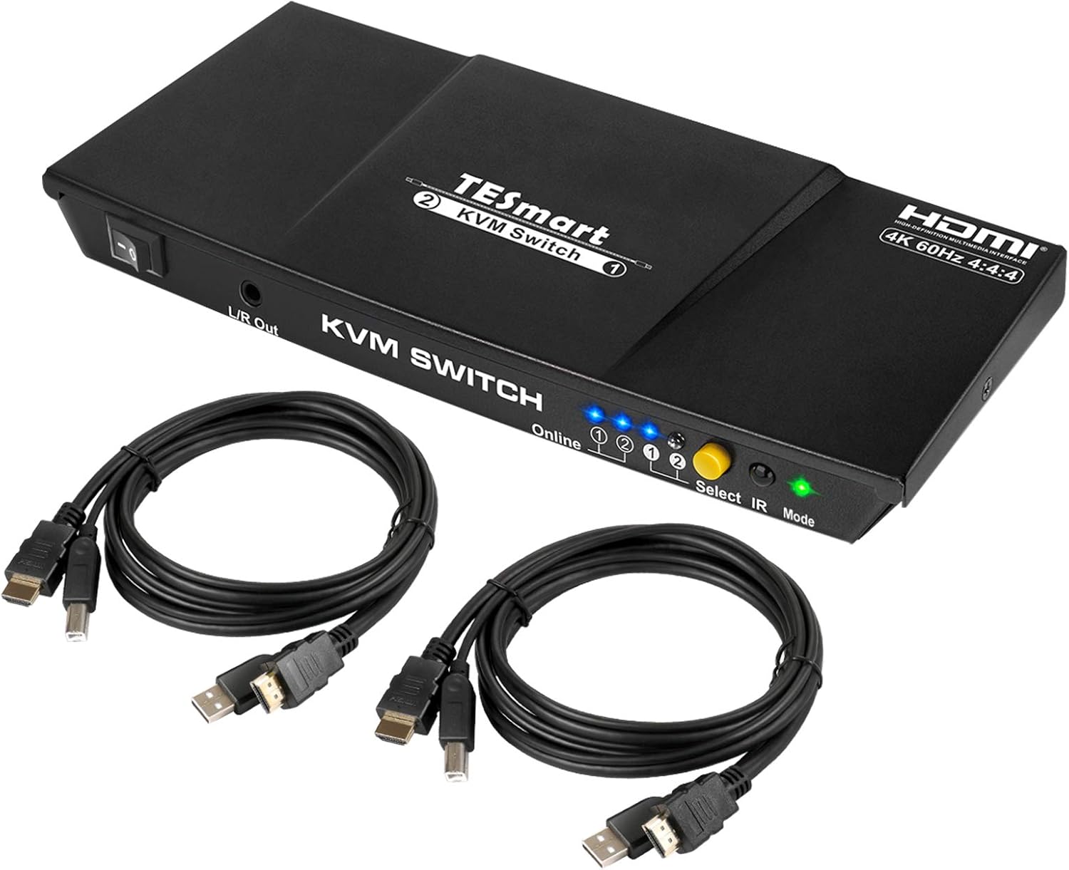 TESmart Newest HDMI KVM Switch 2 Ports 4K@60Hz Ultra HD 2x1 with 2 Pcs 5ft KVM Cables Supports Keyboard & Mouse Pass Through USB 2.0 Device (Black)