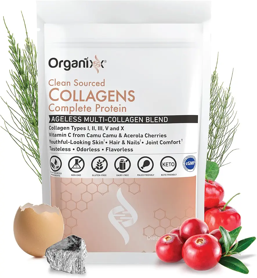 Organixx Collagen Peptides Powder with Vitamin C, Types I, II, III, V, X Hydrolyzed Collagen, Hair, Nail, Skin, Bone & Joint Health, Aging Support