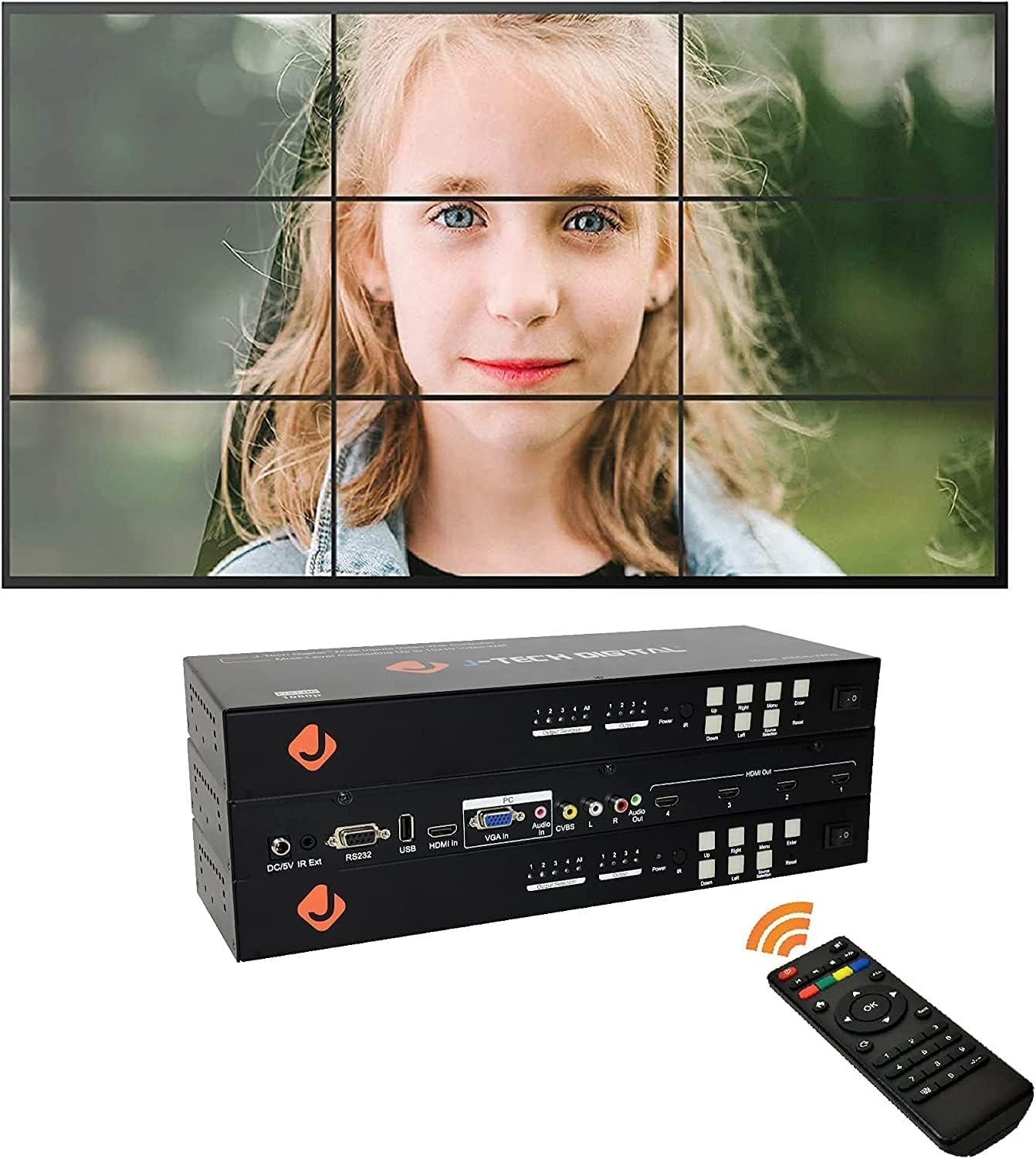 J-Tech Digital Video Wall Controller 3X3 2X2 1X4 3X1 Multi-Channel inputs HDMI VGA AV USB for LCD LED Video Wall Display with Cascading Function