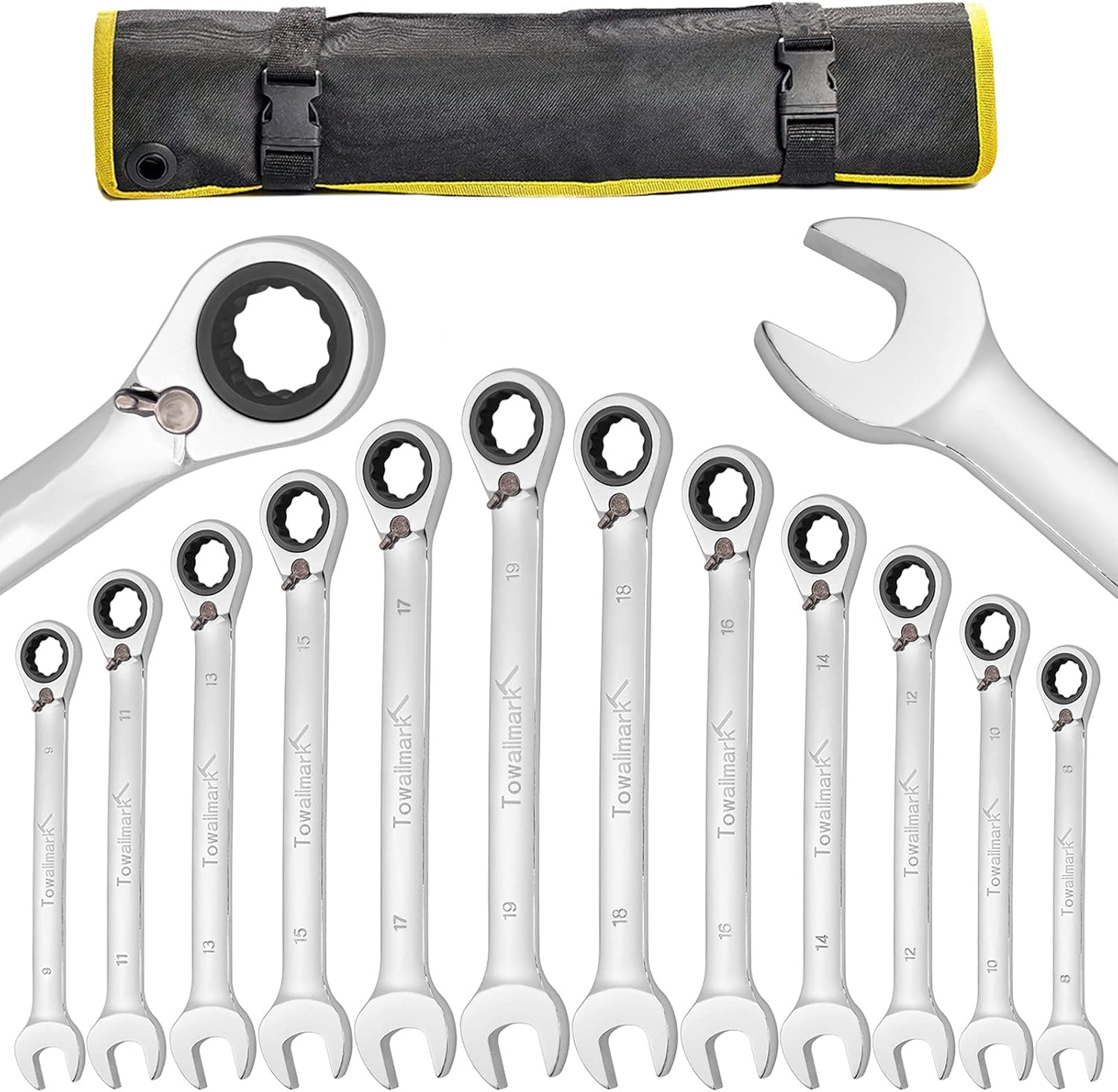 Towallmark 12-Piece Reversible Ratchet Combination Wrench Set, Metric,8mm-19mm Chrome Vanadium Steel Ratchet Wrenches