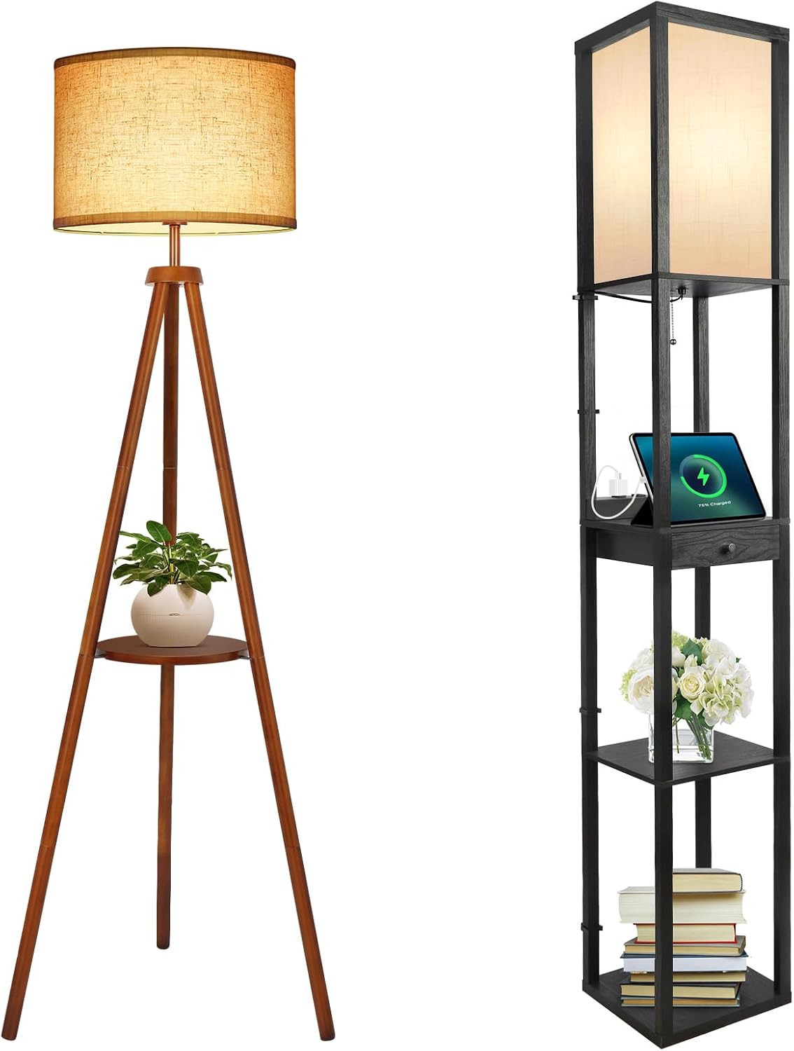 OUTON Wood Tripod Floor Lamp with Shelves, Mid Century LED Modern Dimmable Floor Lamp with Remote Control