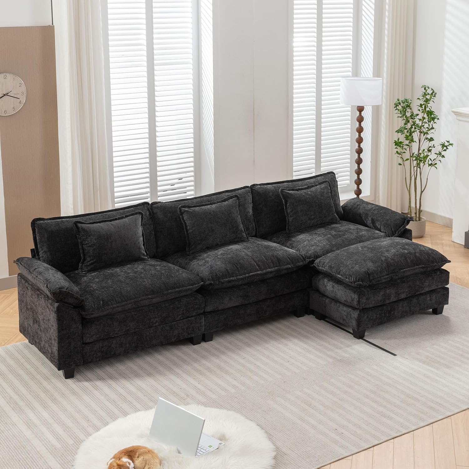 IPKIG 117" Sectional Sofa, Chenille L-Shaped Couch Comfy Upholstered 3-Seat Sofa with Ottoman, 3 Lumbar Pillow