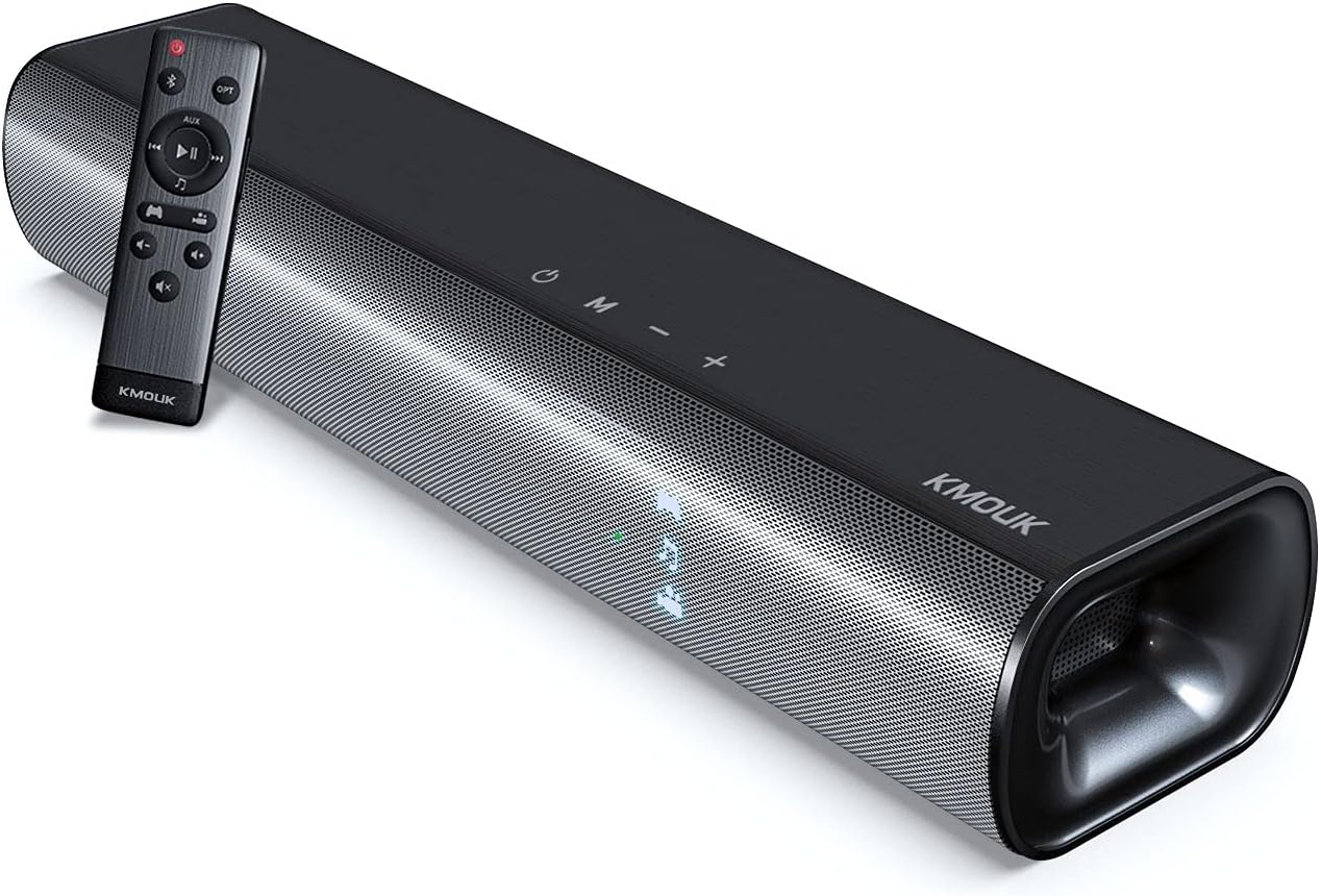 Soundbar, KMOUK Sound Bar for Small TV, Bluetooth 5.0, Mini Sound bar for PC/Home Theater, 2.0 Channel, 3 Equalizer Mode Audio