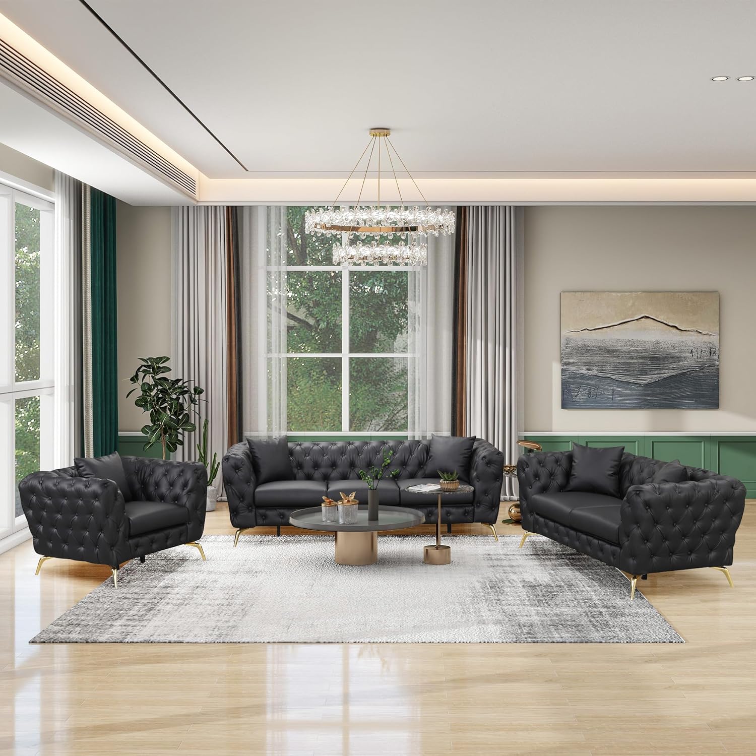 Merax Modern 3-Piece PU Upholstered Sofa Sets with Sturdy Metal Legs, Including Three Seat Couch, Loveseat and Single Chair for Living Room, Black