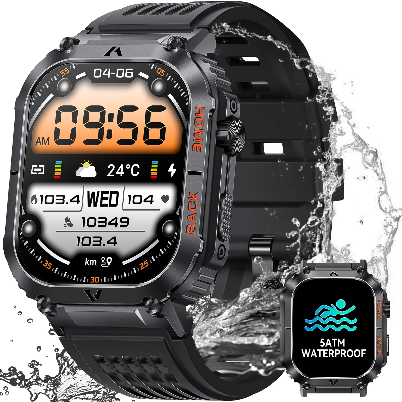 Pakrys Smart Watch for Men 2.02-inch Ultra HD Resolution Screen 5ATM Waterproof Military-Grade Smartwatch Outdoor Tactical Fitness Tracker 100+