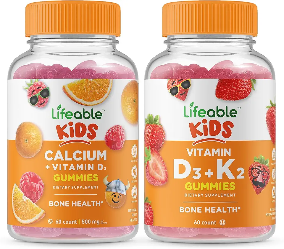 Lifeable Calcium with Vitamin D Kids + Vitamin D3 + Vitamin K2 Kids, Gummies Bundle - Great Tasting, Vitamin Supplement, Gluten Free, GMO Free