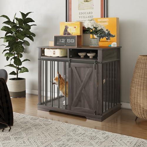Aoowow Large Double Dog Crate Furniture 72.4" Indoor Dog Kennel with Sliding Barn Door and Divider