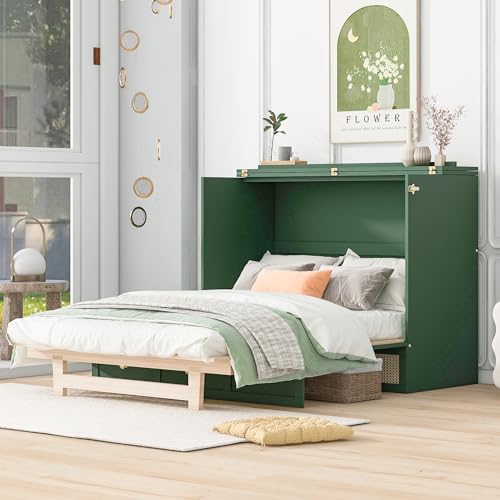 SOFTSEA Queen Murphy Bed with Large Drawers, Folding Wall Bed Wood Murphy Bed for Guestroom Bedroom Office, Gray