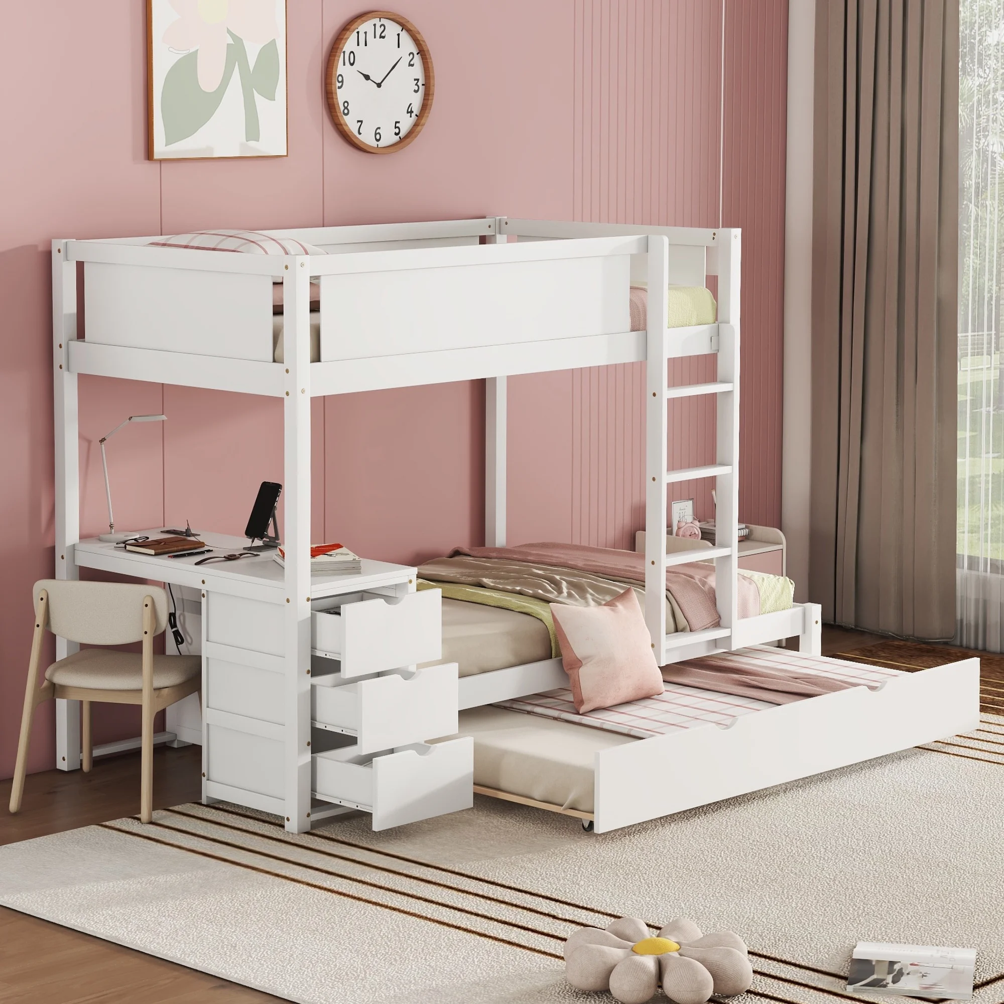 Churanty Twin Over Twin Bunk Bed with Trundle and Desk, Solid Wood Bunk Bed Frame with Storage Drawers and shelves for Kids Girls Boys Bedroom
