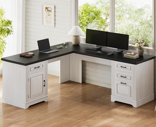 Itaar Farmhouse Executive L Shaped Desk, Home Office Desk with File Drawer and Power Outlet, Computer Corner Desk with Drawers and Storage Cabinet