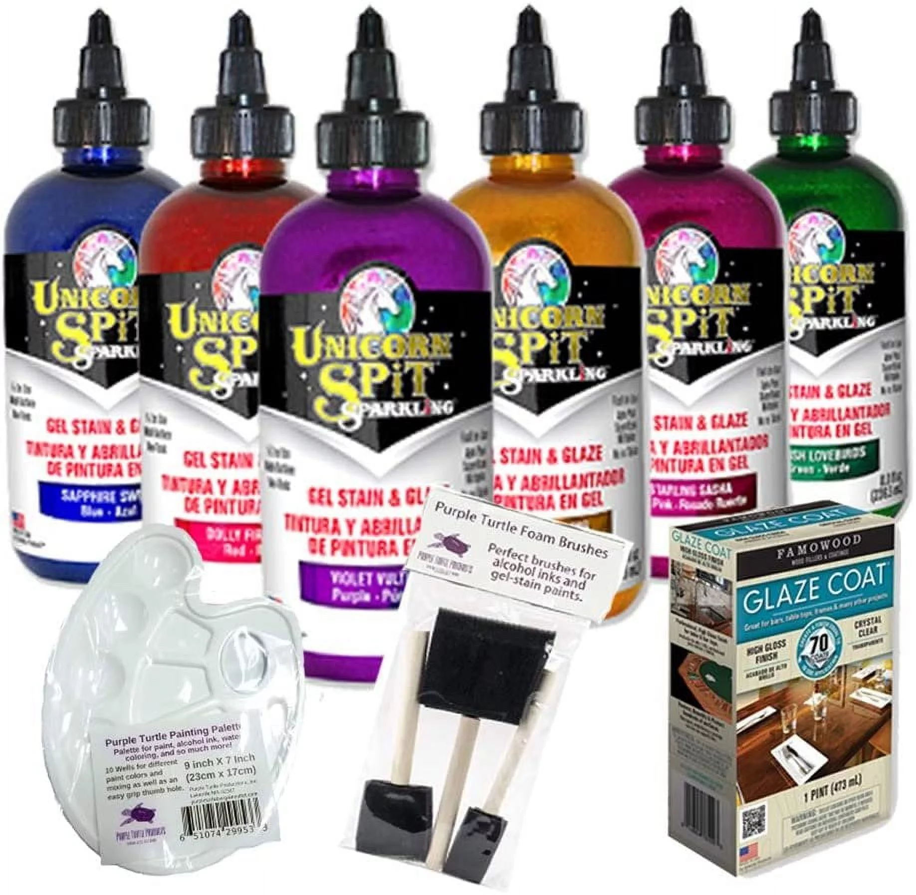 Unicorn SPiT Gel Stain & Glaze Paint in One Bundle with Famowood Glaze Coat Kit, and Purple Turtle Products Accessory Kit Sparkle Spit All 6, 8 oz