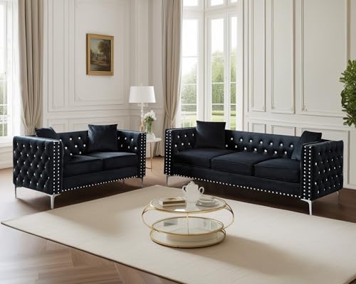 Antetek Velvet Sofa Set for Living Room, Modern Upholstered Loveseat and 3 Seater Cloud Sofa Couches w/Crystal Buttons/Pillows for Living Room