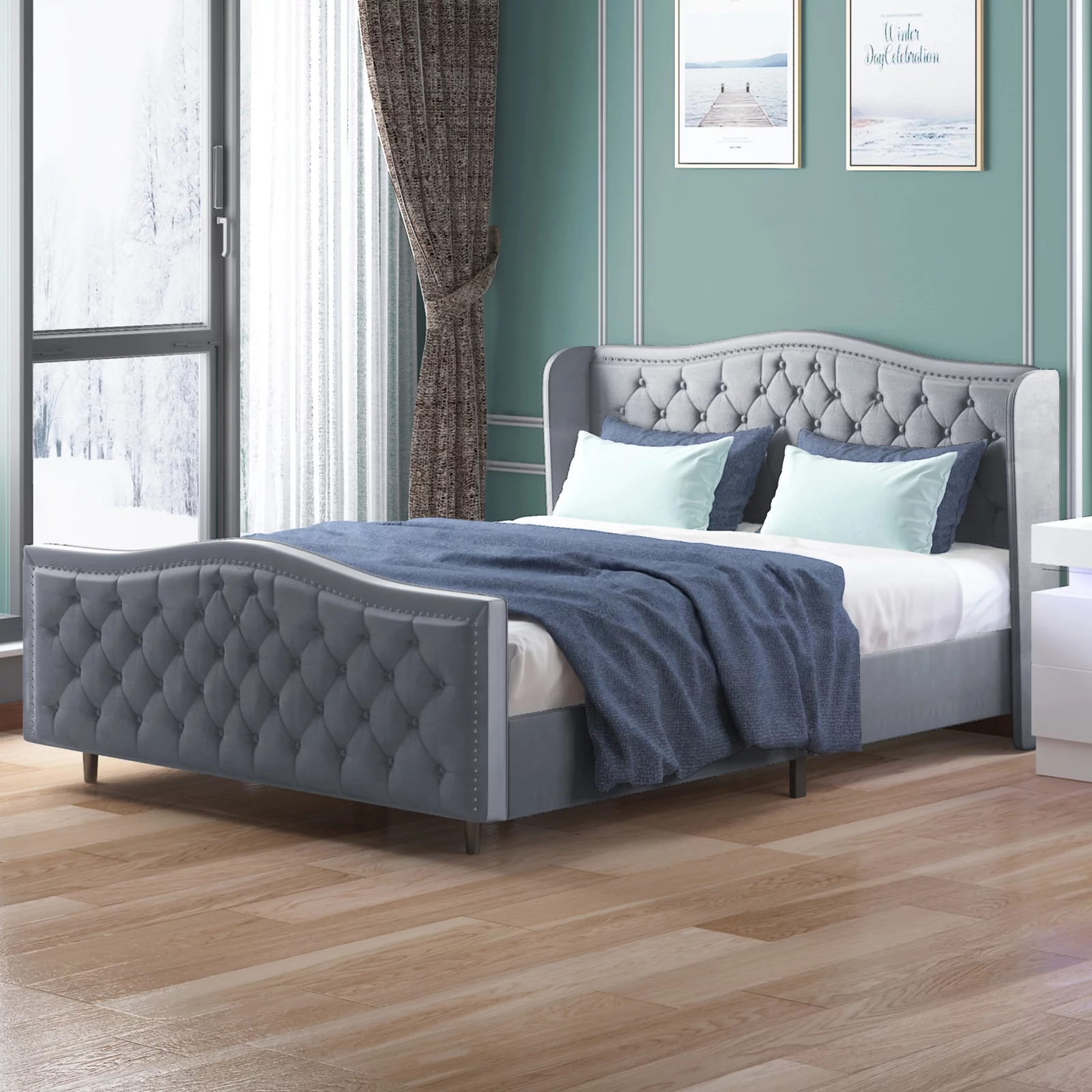 ZAFLY King Size Bed Frame with Headboard | Button Tufted Dutch Velvet Bedroom Furniture | High Upholstered Platform Bed Frame, King Size, Silver Grey